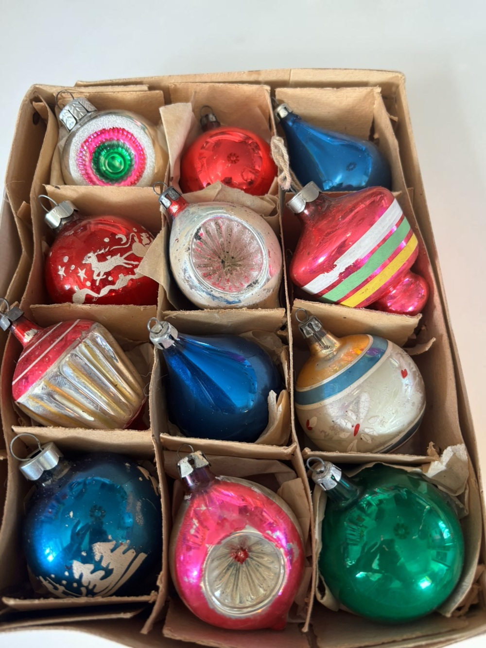 Vintage Poland Glass Christmas Ornaments Set 12 Indent Reflector Mixed Shapes